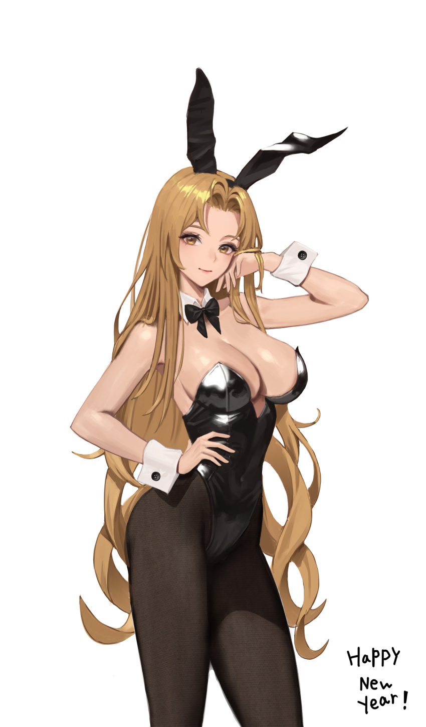 1girl 1girl 1girls absurd_res alluring alternate_costume animal_ears arm_up bare_shoulders big_breasts black_bow black_bowtie black_hairband black_leotard black_pantyhose bow bowtie brigid_(fire_emblem) brown_eyes brown_hair bunny_ears bunny_girl bunnysuit chinese_zodiac cleavage closed_mouth commission covered_navel detached_collar fake_animal_ears female_only fire_emblem fire_emblem:_genealogy_of_the_holy_war hairband hand_on_hip happy_new_year high_res jonbur_man leotard long_hair looking_at_viewer nintendo pantyhose pixiv_commission playboy_bunny rabbit_ears smile strapless strapless_leotard very_long_hair wrist_cuffs year_of_the_rabbit
