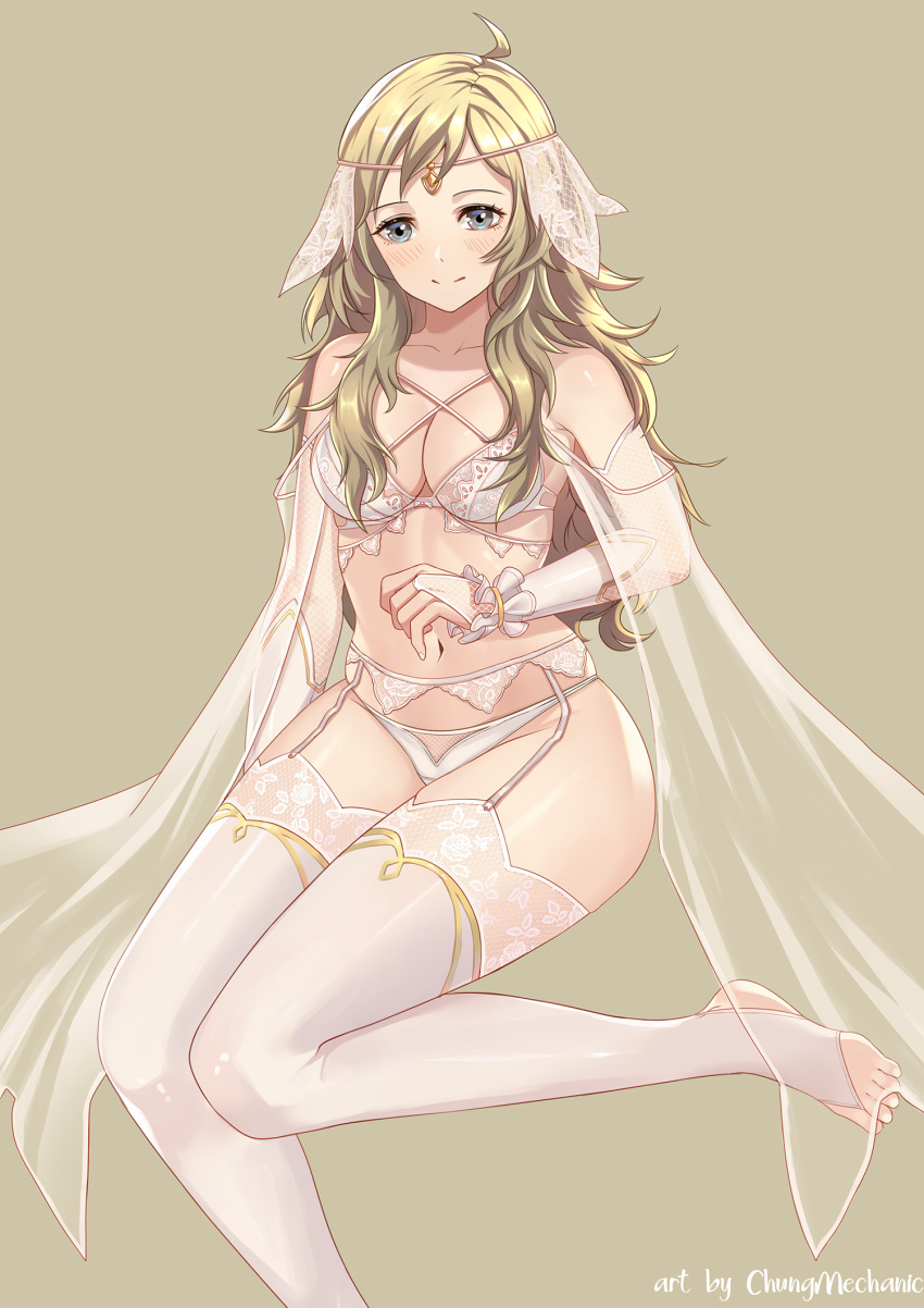 1girl 1girl 1girls alluring artist_name big_breasts blonde_hair blue_eyes bra chungmechanic cleavage fire_emblem fire_emblem_fates garter_straps headband high_resolution intelligent_systems lingerie looking_at_viewer ophelia_(fire_emblem) panties see-through simple_background stockings toeless_legwear toes underwear veil white_legwear white_thighhighs