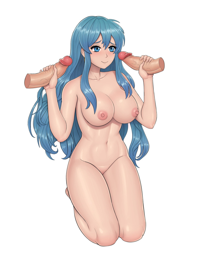 1girl 1girl 2boys alluring anon_bardos bare_thighs big_breasts big_breasts blue_eyes blue_hair collarbone completely_nude double_handjob eirika_(fire_emblem) fire_emblem fire_emblem:_the_sacred_stones handjob intelligent_systems light-skinned_female light-skinned_male light_skin long_hair male mmf_threesome nintendo nipples nude nude_female shy_smile smile threesome very_long_hair white_background