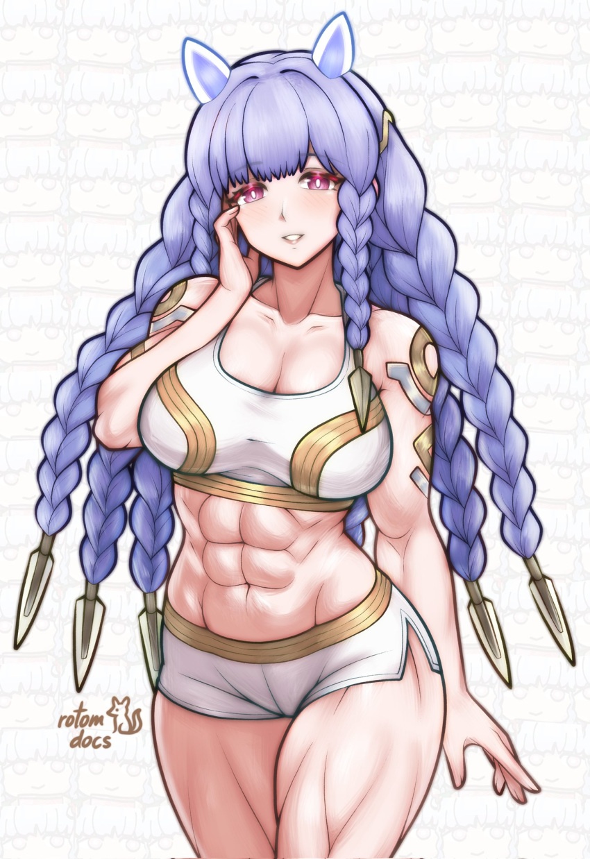 1girl 1girl abs alluring alternate_costume athletic_female bare_shoulders big_breasts blue_hair blush body_markings braid cleavage collarbone female_abs fire_emblem fire_emblem_heroes fit_female hair_ornament heidrun_(fire_emblem) high_res intelligent_systems long_hair looking_at_viewer multiple_braids muscular muscular_female nintendo open_mouth red_eyes rotomdocs shorts smile sports_bra sportswear very_long_hair white_shorts white_sports_bra workout_clothes