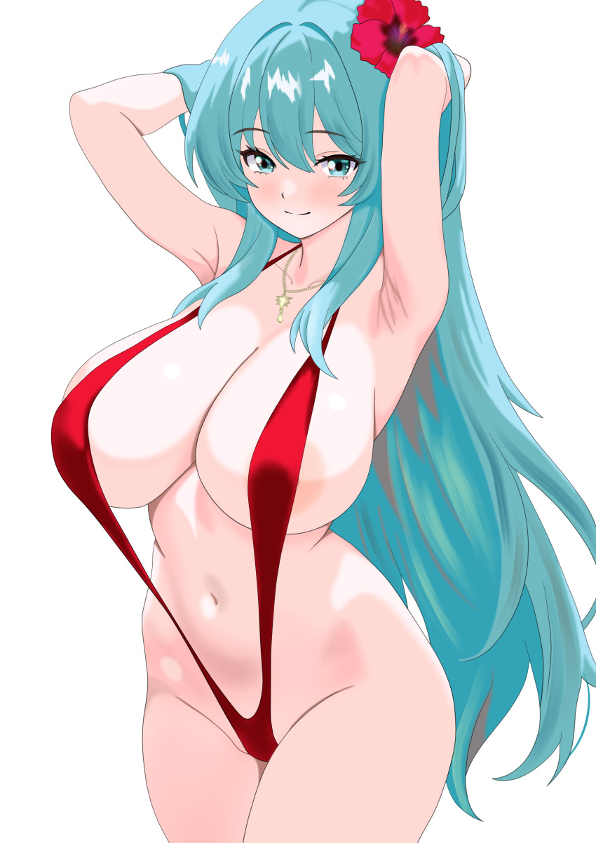 1girl 1girl absurd_res alluring alternate_costume areola_slip arms_behind_head big_breasts bikini blue_eyes blue_hair blush cleavage closed_mouth commentary_request commission eirika_(fire_emblem) fire_emblem fire_emblem:_the_sacred_stones flower groin hair_flower hair_ornament halterneck high_res intelligent_systems jewelry long_hair looking_at_viewer myapanpan navel necklace nintendo red_bikini red_flower red_slingshot_swimsuit revealing_clothes sideboob simple_background skeb_commission sling_bikini slingshot_swimsuit smile standing swimsuit thighs very_long_hair white_background