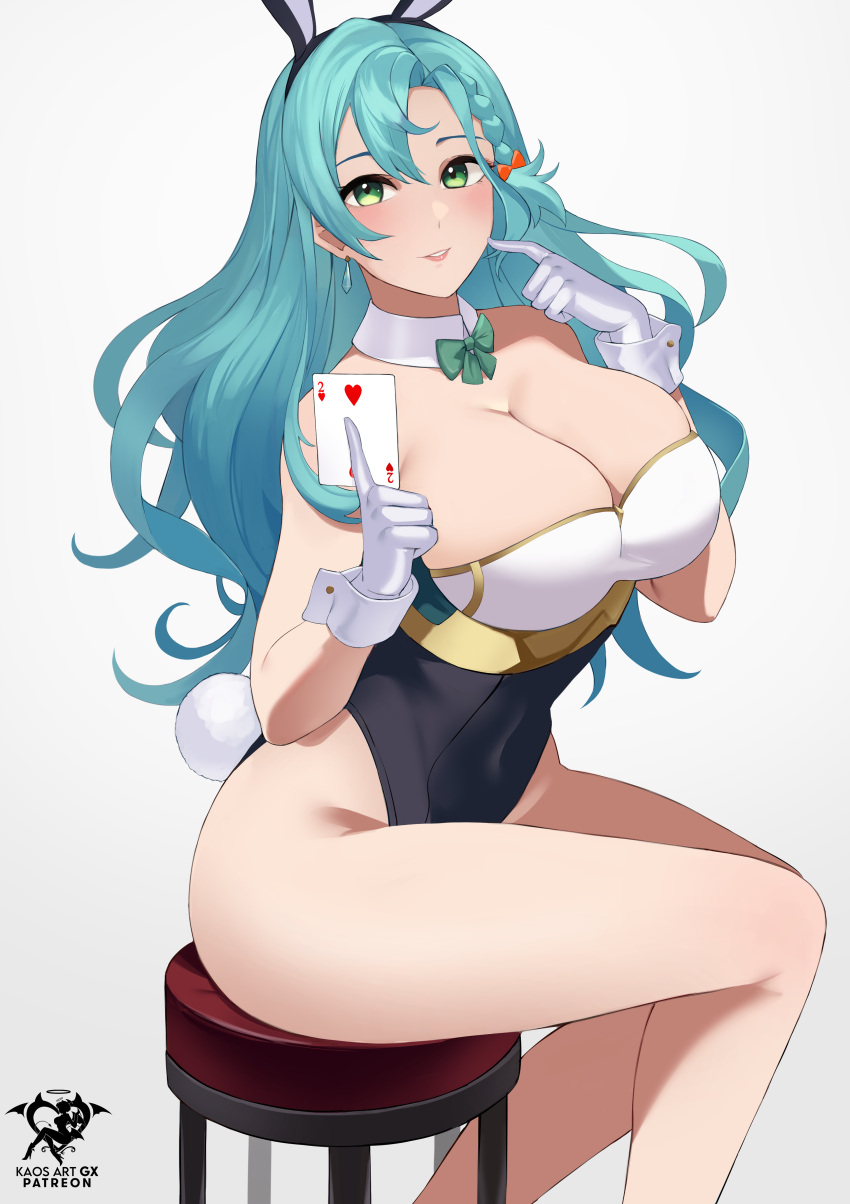 1girl 1girl absurd_res alluring animal_ears aqua_hair artist_logo big_breasts braid chloe_(fire_emblem) cleavage detached_collar fake_animal_ears fire_emblem fire_emblem_engage gloves green_eyes high_res intelligent_systems kaos_art leotard logo long_hair nintendo playboy_bunny rabbit_ears smile strapless strapless_leotard very_long_hair white_gloves wrist_cuffs