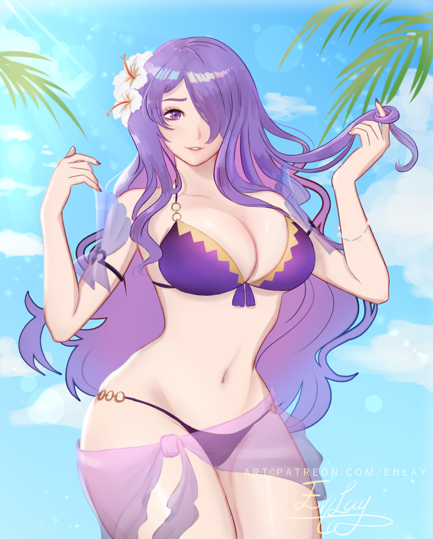 1girl 1girl absurd_res alluring artist_name big_breasts bikini blue_sky camilla_(fire_emblem) camilla_(tropical_beauty)_(fire_emblem) cleavage commentary cowboy_shot day english_commentary enlay female_focus fire_emblem fire_emblem_heroes fire_emblem_warriors hair_ornament hair_over_one_eye high_res intelligent_systems long_hair looking_at_viewer nail_polish navel nintendo pale_skin sarong signature sky smile swimsuit thighs twirling_hair very_long_hair watermark wavy_hair wide_hips