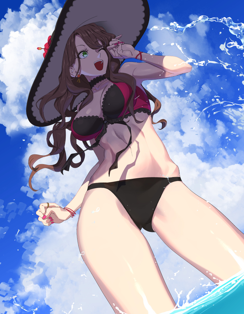 1girl 1girl absurd_res alluring athletic_female big_breasts bikini bracelet brown_hair cleavage cloud cloudy_sky commission commissioner_upload dorothea_arnault dorothea_arnault_(summer) earrings female_abs fire_emblem fire_emblem:_three_houses fire_emblem_heroes fit_female flower gluteal_fold green_eyes hat hat_flower high_res intelligent_systems jewelry long_hair midriff multicolored_bikini nail_polish nintendo official_alternate_costume open_mouth pink_sarong rasupekuto sarong skeb_commission sky swimsuit thighs two-tone_bikini water