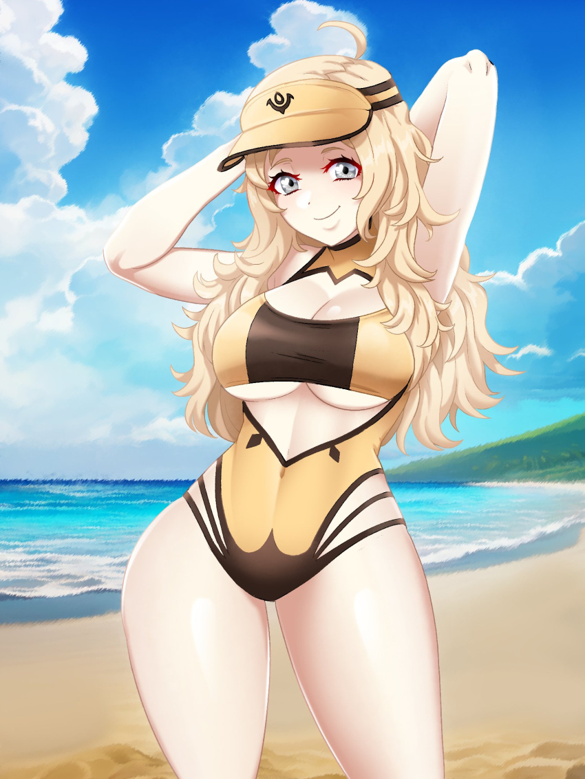 1girl 1girl ahoge alluring alternate_costume arms_up beach big_breasts blonde_hair cleavage cleavage_cutout clothing_cutout cowboy_shot fire_emblem fire_emblem_fates grey_eyes high_res intelligent_systems long_hair nintendo one-piece_bikini ophelia_(fire_emblem) seityr standing swimsuit thighs under_boob underboob_cutout visor_cap wide_hips