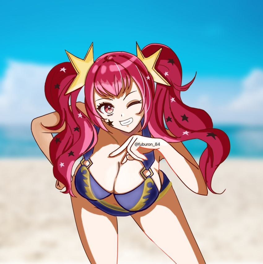 1girl 1girl alluring alternate_costume alternate_hairstyle big_breasts bikini blush choker cleavage collarbone facial_mark fire_emblem fire_emblem_engage fuburon_84 grin hair_ornament hand_on_own_hip hanging_breasts high_res intelligent_systems leaning_forward long_hair looking_at_viewer nintendo ocean one_eye_closed purple_bikini red_eyes red_hair smile star_(symbol) star_facial_mark star_hair_ornament swimsuit teeth twin_tails water yunaka_(fire_emblem)