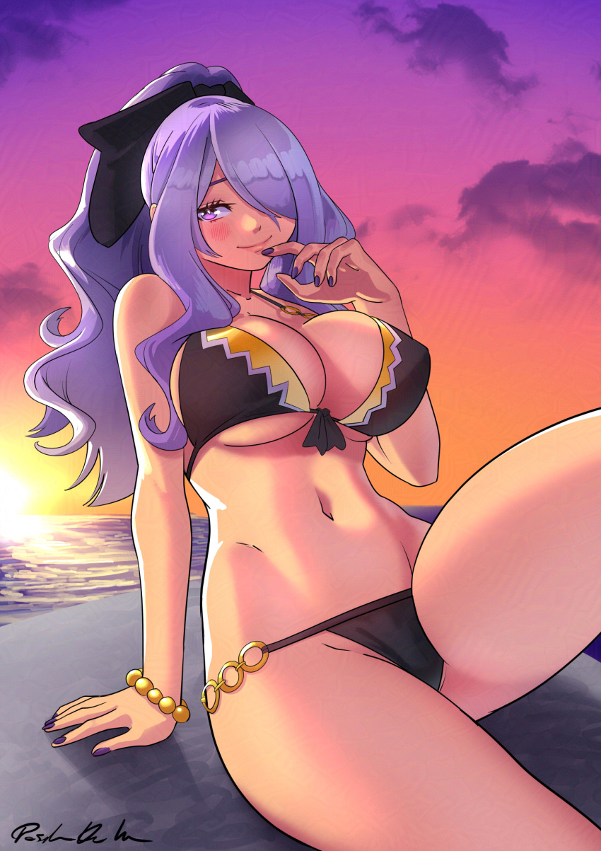 1girl 1girl alluring alternate_hairstyle arm_support artist_name beach big_breasts bikini black_bikini blush camilla_(fire_emblem) camilla_(hostile_springs)_(fire_emblem) cleavage dekura finger_to_mouth fire_emblem fire_emblem_fates fire_emblem_warriors hair_over_one_eye hair_ribbon half-closed_eye high_res intelligent_systems legs long_hair looking_at_viewer navel nintendo ocean pink_lips ponytail purple_eyes purple_hair ribbon seductive_gaze seductive_smile smile sunset swimsuit thick_thighs thighs toned under_boob water