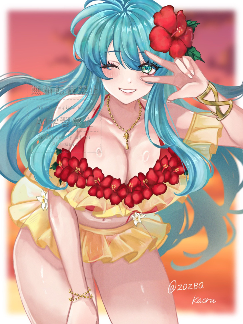 1girl 1girl alluring aqua_eyes aqua_hair bare_shoulders big_breasts bikini blue_eyes cleavage eirika_(fire_emblem) eirika_(summer)_(fire_emblem) fire_emblem fire_emblem:_the_sacred_stones fire_emblem_heroes flower hair_flower hair_ornament hibiscus high_res intelligent_systems jewelry leaning_forward long_hair looking_at_viewer navel nintendo official_alternate_costume one_eye_closed smile swimsuit yellow_bikini zqzbq