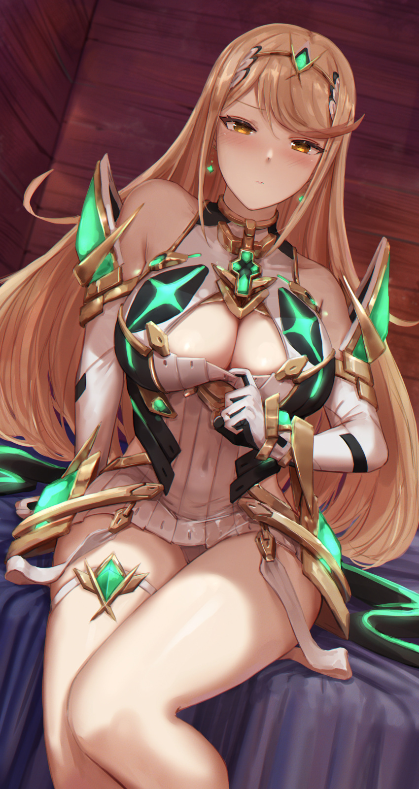 1girl 1girl alluring bare_legs bare_shoulders big_breasts blonde_hair blush chest_jewel cleavage cleavage_cutout clothing_cutout dress earrings elbow_gloves gloves headpiece high_res ippers jewelry long_hair looking_at_viewer mythra_(xenoblade) panties swept_bangs thigh_strap tiara underwear very_long_hair white_dress white_gloves white_panties xenoblade_(series) xenoblade_chronicles_2 yellow_eyes