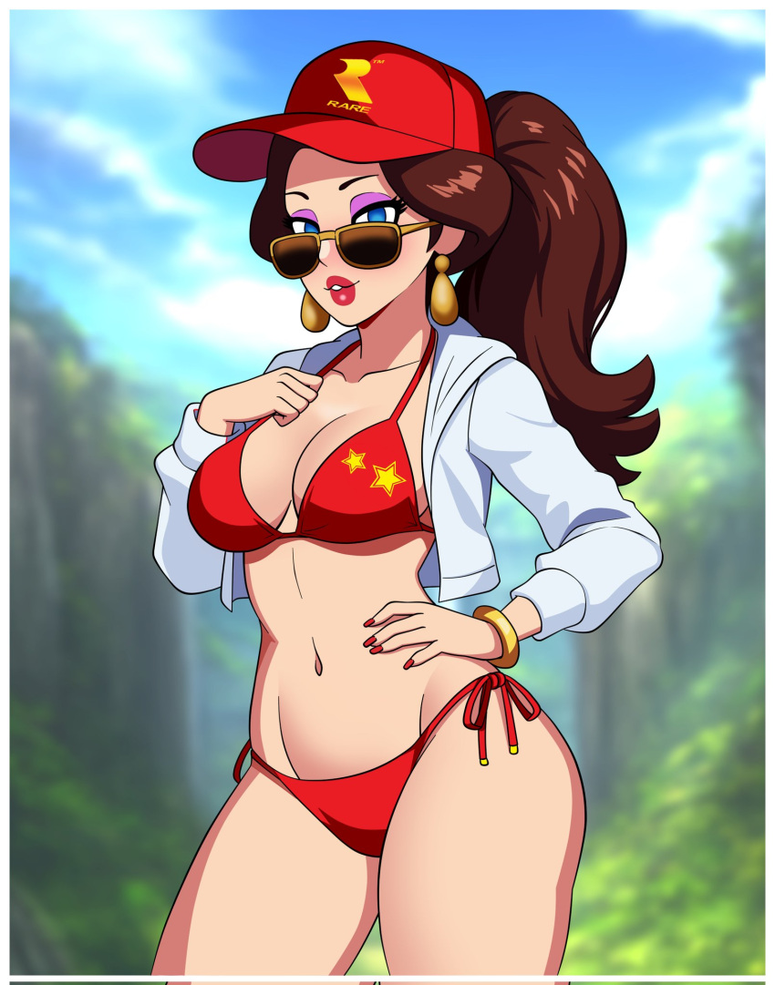 1girl 1girl alluring baseball_cap big_breasts big_breasts bikini blue_eyes breasts brown_hair curvy donkey_kong_(series) donkey_kong_bananza eyeshadow hand_on_hip light-skinned_female light_skin lipstick looking_over_eyewear looking_over_sunglasses mario_(series) nail_polish nintendo pauline ponytail purple_eyeshadow rare rareware red_bikini red_lipstick red_nails red_swimsuit sunglasses swimsuit tinted_eyewear woomy1010