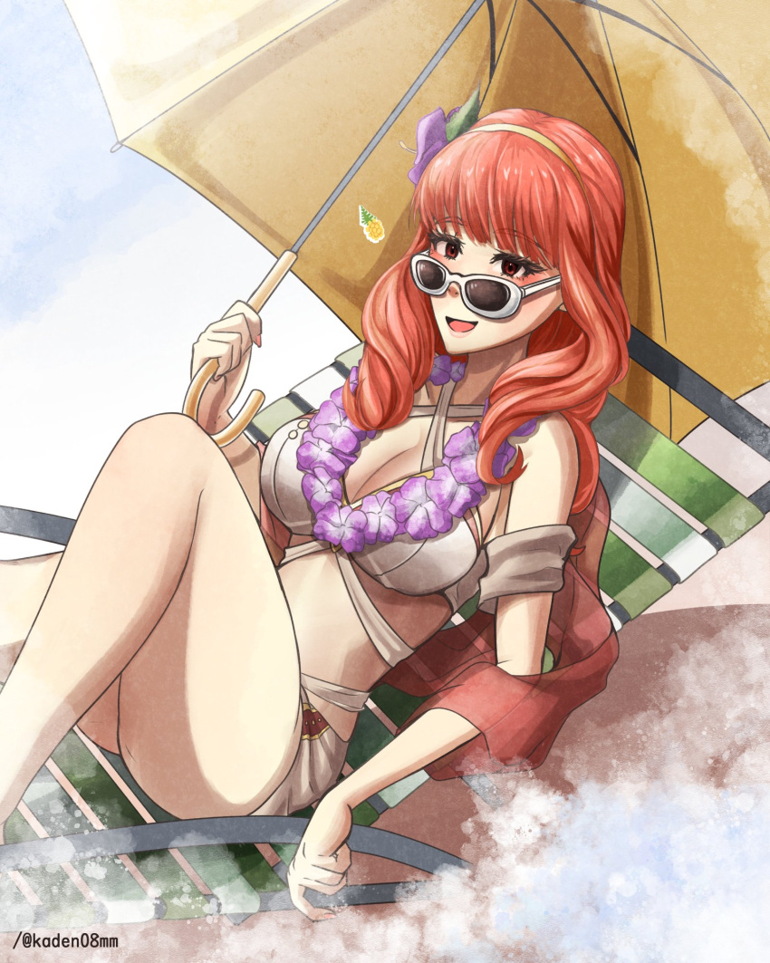 1girl 1girl alluring beach beach_chair big_breasts bikini blunt_bangs celica_(fire_emblem) celica_(summer)_(fire_emblem) cleavage fire_emblem fire_emblem_echoes:_shadows_of_valentia fire_emblem_heroes fire_emblem_warriors flower flower_hairband flower_necklace hairband high_res holding holding_umbrella intelligent_systems jewelry kaden08mm lei medium_breasts necklace nintendo official_alternate_costume orange_eyes orange_hair red_eyes red_hair red_sash sash sitting sunglasses swimsuit umbrella white_bikini