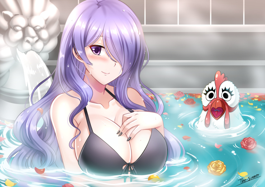 1girl 1girl alluring big_breasts bikini bird blush camilla_(fire_emblem) chicken cleavage female_focus fire_emblem fire_emblem_fates fire_emblem_warriors hair_over_one_eye intelligent_systems long_hair nail_polish name_connection nintendo purple_eyes purple_hair rooster smile swimsuit the-sinner very_long_hair water wavy_hair