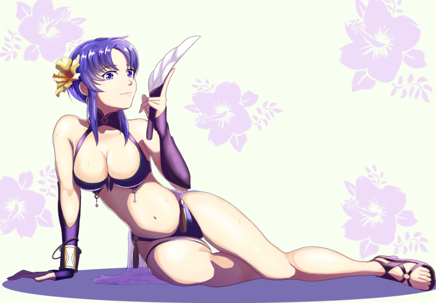 1girl 1girl alluring big_breasts bikini cleavage commentary_request detached_sleeves feathers female_focus fire_emblem fire_emblem:_the_blazing_blade fire_emblem_heroes floral_background flower hair_flower hair_ornament intelligent_systems navel nintendo purple_bikini purple_eyes purple_hair purple_sandals purple_sleeves sandals short_hair sleeves_past_wrists sukkirito_(rangusan) swimsuit ursula_(fire_emblem) ursula_(summer)_(fire_emblem)