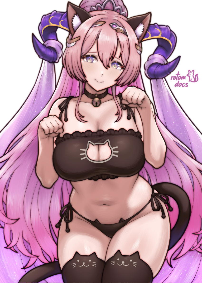 1girl 1girl alternate_costume artist_name bell big_breasts black_thighhighs cat_lingerie cat_tail cleavage_cutout clothing_cutout fire_emblem fire_emblem_heroes goat_horns gradient_eyes high_res horns intelligent_systems long_hair looking_at_viewer multicolored_eyes navel neck_bell nerthuz_(fire_emblem) nintendo panties paw_pose pink_hair ponytail rotomdocs side-tie_panties simple_background smile stockings tail underwear very_long_hair white_background