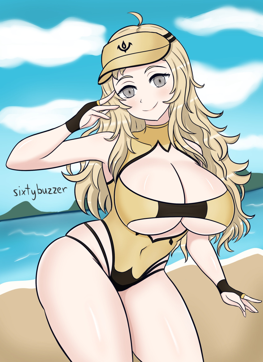 1girl 1girls aged_up ahoge alluring alternate_costume ass bare_thighs beach big_breasts blonde_hair cap cleavage covered_navel day female_only fingerless_gloves fire_emblem fire_emblem_fates gloves grey_eyes hat hourglass_figure intelligent_systems long_hair looking_at_viewer nintendo ocean one-piece_bikini ophelia_(fire_emblem) outside sixtybuzzer smile swimsuit thick_thighs thighs under_boob visor_cap yellow_bikini yellow_one-piece_bikini