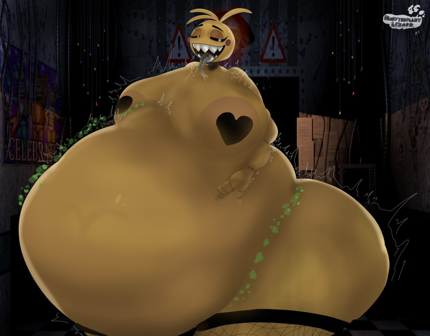 1girl 1girls animatronic anthro avian big_belly big_breasts bird blueytheplantlizard breasts chicken five_nights_at_freddy's five_nights_at_freddy's_2 hyper hyper_belly hyper_breasts implied_vore robot sharp_teeth toy_chica_(cyanu) toy_chica_(fnaf) vore vore_belly