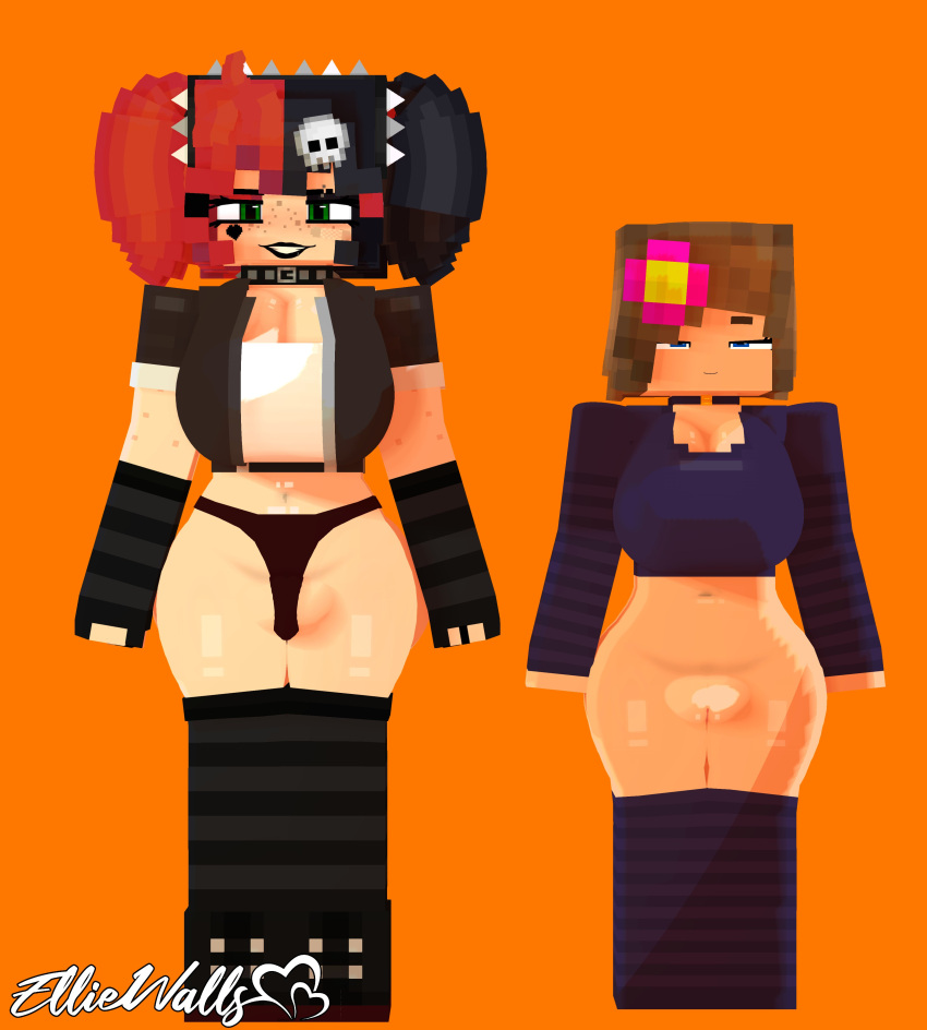 1girl 2_girls 3d armwear ass bell_collar big_ass big_breasts bisexual bisexual_female blue_eyes bra breasts brown_hair clothed_female ellie_walls_(odysseyellie) flower_in_hair freckles goth goth_girl green_eyes horny_female human human_female humanoid jenny_belle_(slipperyt) looking_at_viewer mine-imator minecraft multicolored_hair no_bra no_panties odysseyellie outside panties ponytails pussy skull_hair_ornament smile spiked_collar spiked_hairband stockings tagme wet_pussy