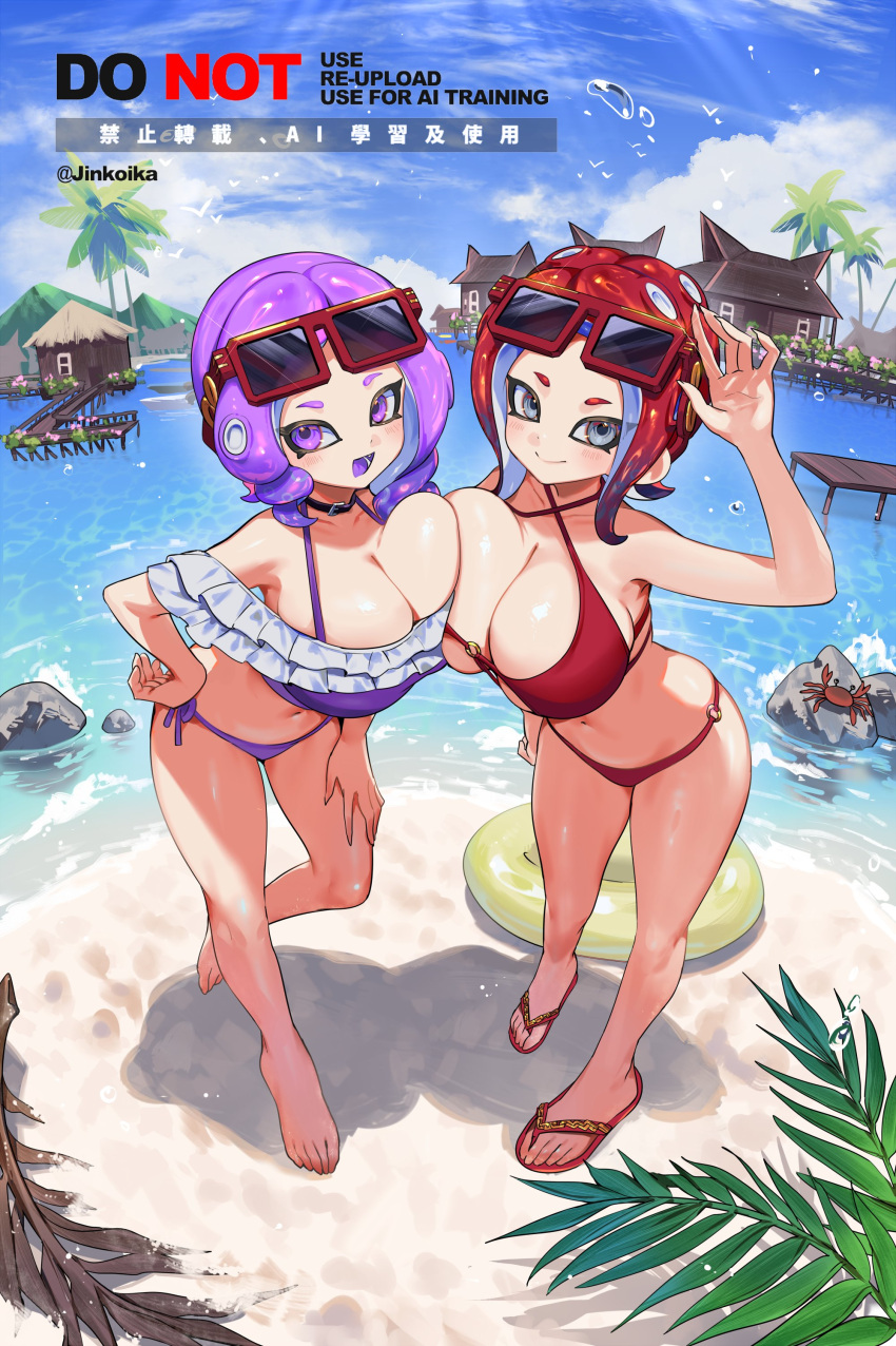 1girl 2_girls beach big_breasts bikini boob_squish breast_squeeze breasts cleavage frilled_bikini happy jinkoika legs limon_(limon_limes) micro nintendo octoling octoling_girl sandals splatoon_(series) sunglasses_on_head swimwear