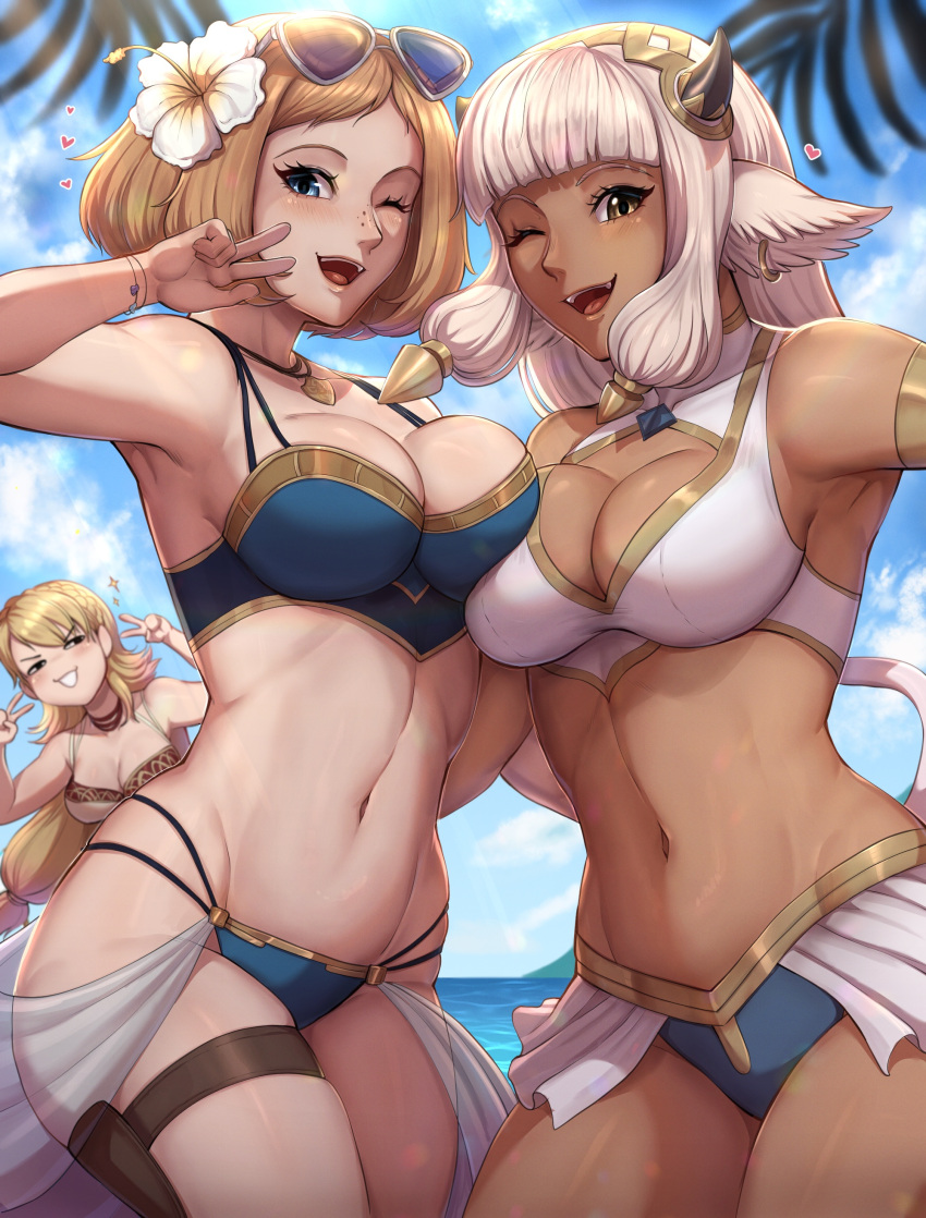1girl 3_girls :d ;d absurd_res alluring alternate_costume animal_ears ash_(fire_emblem) bare_shoulders beach big_breasts bikini blonde_hair blue_bikini blue_sky blue_swimsuit brown_eyes brown_hair cleavage cow_ears cow_girl cow_tail dark-skinned_female dark_skin ear_piercing evomanaphy eyewear_on_head female_only fire_emblem fire_emblem_cipher fire_emblem_heroes flower freckles grey_hair grin groin hair_flower hair_ornament heart high_res horns intelligent_systems jewelry kiran_(fire_emblem) kiran_(fire_emblem)_(female) long_hair looking_at_viewer multiple_girls navel nintendo official_alternate_costume one_eye_closed piercing sharena_(fire_emblem) short_hair sky smile sunglasses swimsuit tail v white_bikini white_swimsuit