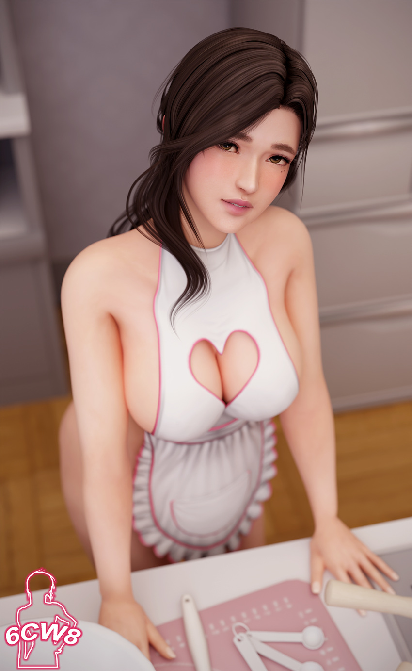 1girl 6cw8 alluring apron_only bare_legs big_breasts brown_eyes brown_hair cleavage dead_or_alive dead_or_alive_xtreme_venus_vacation naked_apron pin_up sayuri_(doa) tecmo
