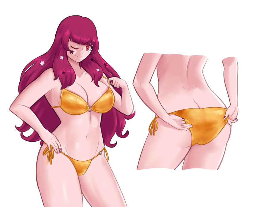 1girl absurd_res adjusting_clothes adjusting_swimsuit alluring ass big_breasts bikini butt_crack cleavage cropped_legs facial_mark fire_emblem fire_emblem_engage gold_bikini groin hair_ornament high_res intelligent_systems long_hair looking_at_viewer multiple_views nail_polish navel nintendo o-ring o-ring_bikini o-ring_top obsidianwasp one_eye_closed red_eyes red_hair side-tie_bikini_bottom simple_background smile star_(symbol) star_facial_mark star_hair_ornament swimsuit white_background yunaka_(fire_emblem)
