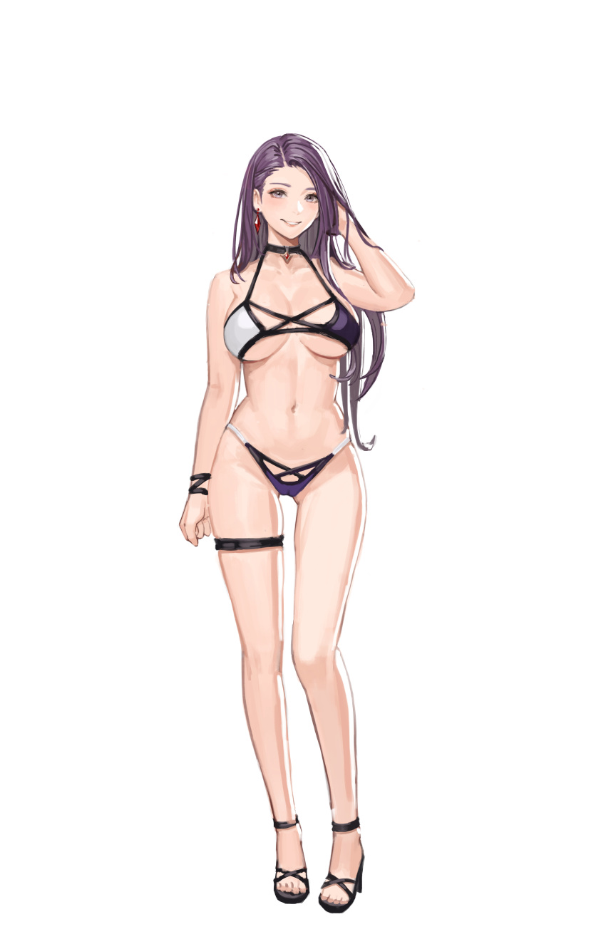 1girl absurd_res adjusting_hair alluring alternate_costume ass_visible_through_thighs bangs big_breasts bikini black_footwear blush cameltoe choker cleavage commentary commission earrings english_commentary female_only fire_emblem fire_emblem_echoes:_shadows_of_valentia fire_emblem_gaiden full_body gem grey_eyes grin hand_in_own_hair high_heels high_res intelligent_systems jewelry jonbur_man lips long_hair looking_at_viewer nintendo parted_bangs parted_lips pixiv_request purple_bikini purple_eyes purple_hair purple_swimsuit pussy red_gemstone sandals simple_background smile sonya_(fire_emblem) standing stomach straight_hair swimsuit thigh_strap thighs two-tone_bikini under_boob white_background white_bikini white_swimsuit wristband