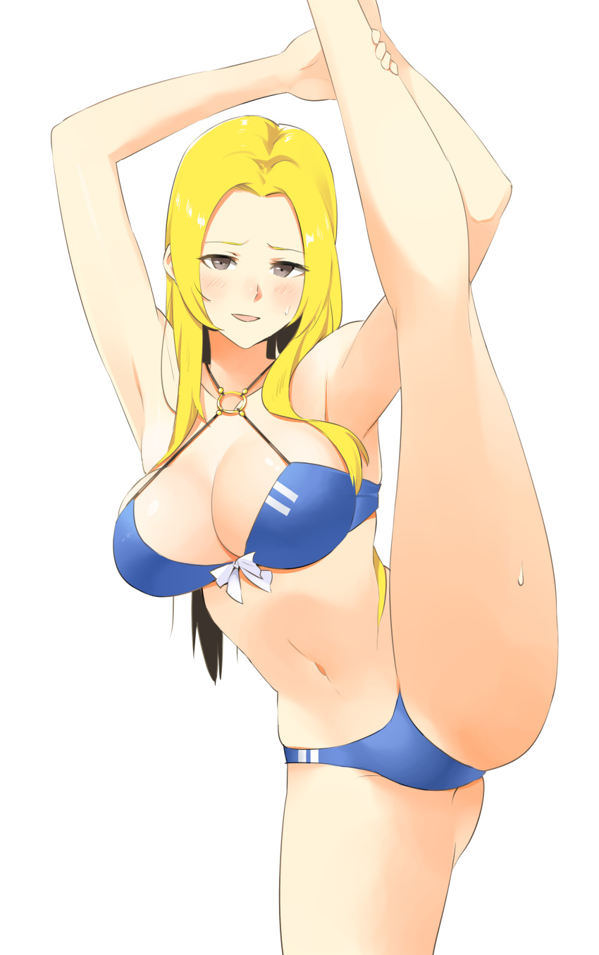 1girl absurd_res alluring alternate_costume big_breasts bikini blonde_hair blue_bikini brown_eyes commission commissioner_upload fire_emblem fire_emblem_echoes:_shadows_of_valentia high_res intelligent_systems legs looking_at_viewer mathilda_(fire_emblem) nintendo redkite333 split standing standing_on_one_leg standing_split swimsuit upper_body