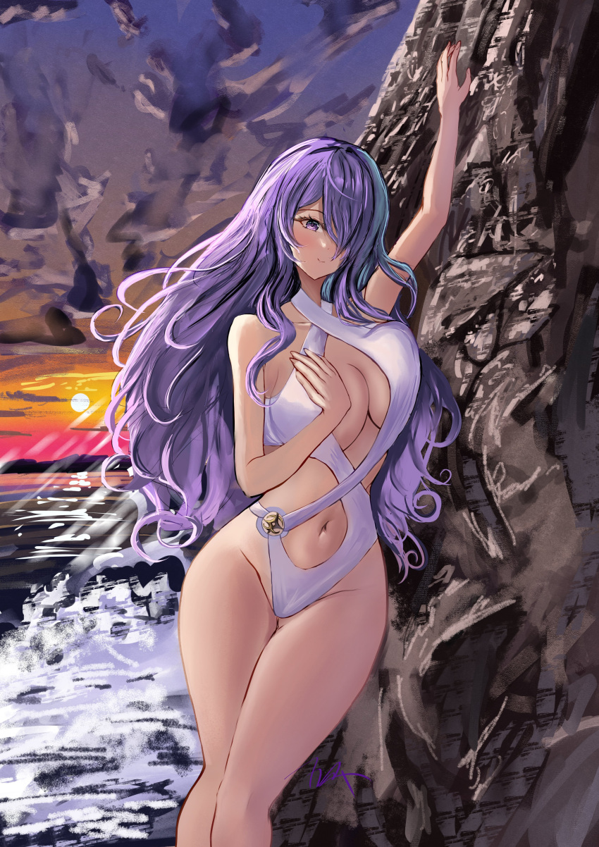 1girl absurd_res alluring arerex arm_up bare_shoulders big_breasts blush camilla_(fire_emblem) cleavage closed_mouth cloud commission fire_emblem fire_emblem_fates fire_emblem_warriors hair_over_one_eye high_res intelligent_systems long_hair looking_at_viewer midriff navel nintendo ocean one-piece_bikini outside purple_eyes purple_hair purple_one-piece_bikini rock skeb_commission sky smile sunset swimsuit very_long_hair water wavy_hair