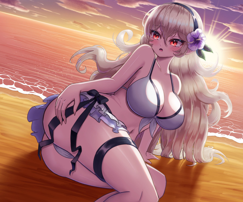 1girl absurd_res alluring arm_support ass beach big_breasts bikini bikini_skirt black_hairband blonde_hair cleavage corrin_(fire_emblem) corrin_(fire_emblem)_(female) corrin_(summer)_(fire_emblem)_(female) fire_emblem fire_emblem_fates fire_emblem_heroes fire_emblem_warriors flower flower_necklace grey_hair hair_between_eyes hair_flower hair_ornament hairband high_res intelligent_systems jewelry kallentsu long_hair lying necklace nintendo ocean official_alternate_costume on_side outside pointy_ears sunset swimsuit very_long_hair white_bikini