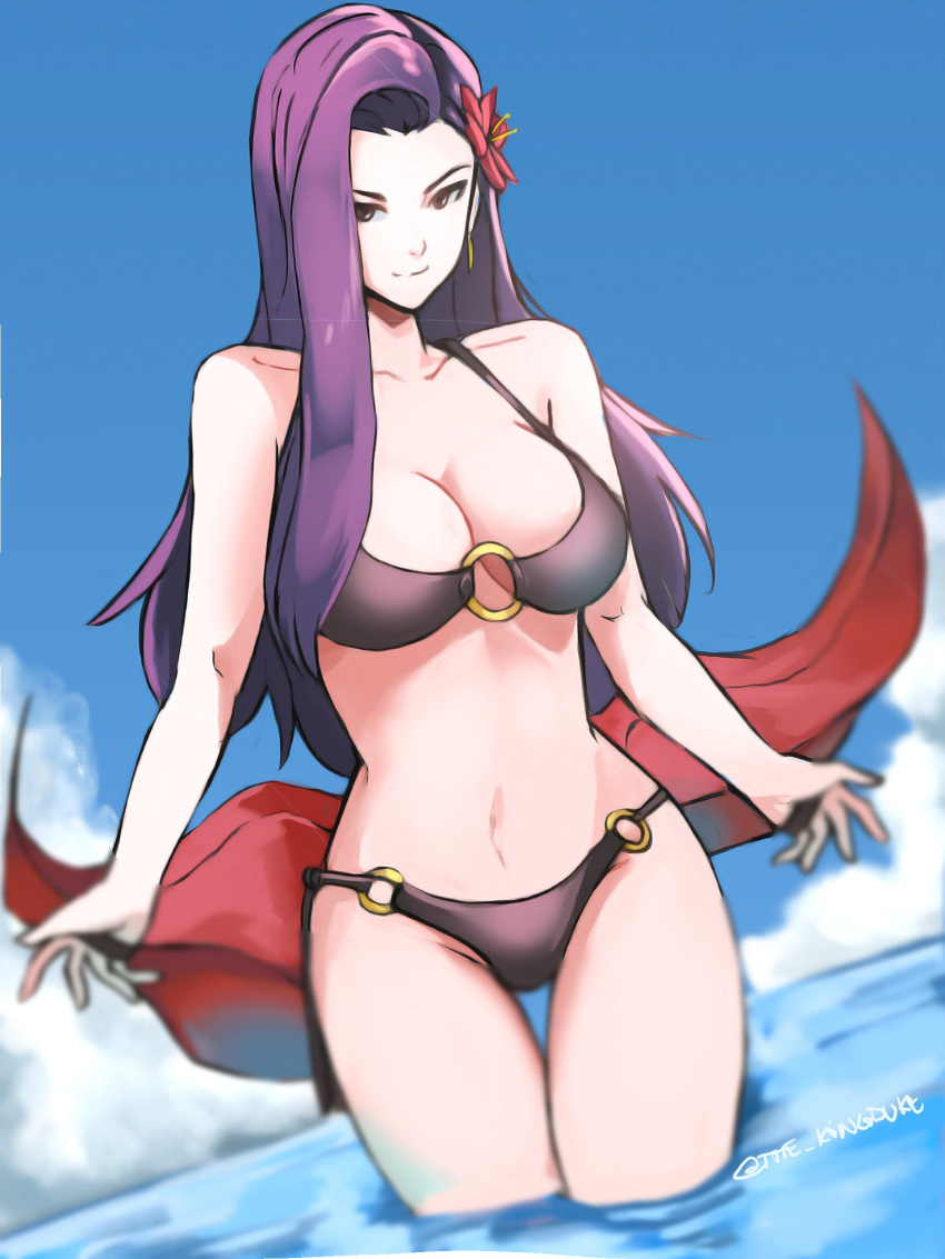 1girl absurd_res alluring bare_shoulders big_breasts bikini black_bikini blue_sky breasts brown_eyes cleavage closed_mouth cloud day female_focus fire_emblem fire_emblem_echoes:_shadows_of_valentia flower hair_flower hair_ornament high_res intelligent_systems long_hair looking_at_viewer nintendo o-ring o-ring_bikini outside purple_hair sky smile sonya_(fire_emblem) sonya_(fire_emblem_gaiden) standing swimsuit thigh_gap tommy_(kingdukeee) twitter_username wading water