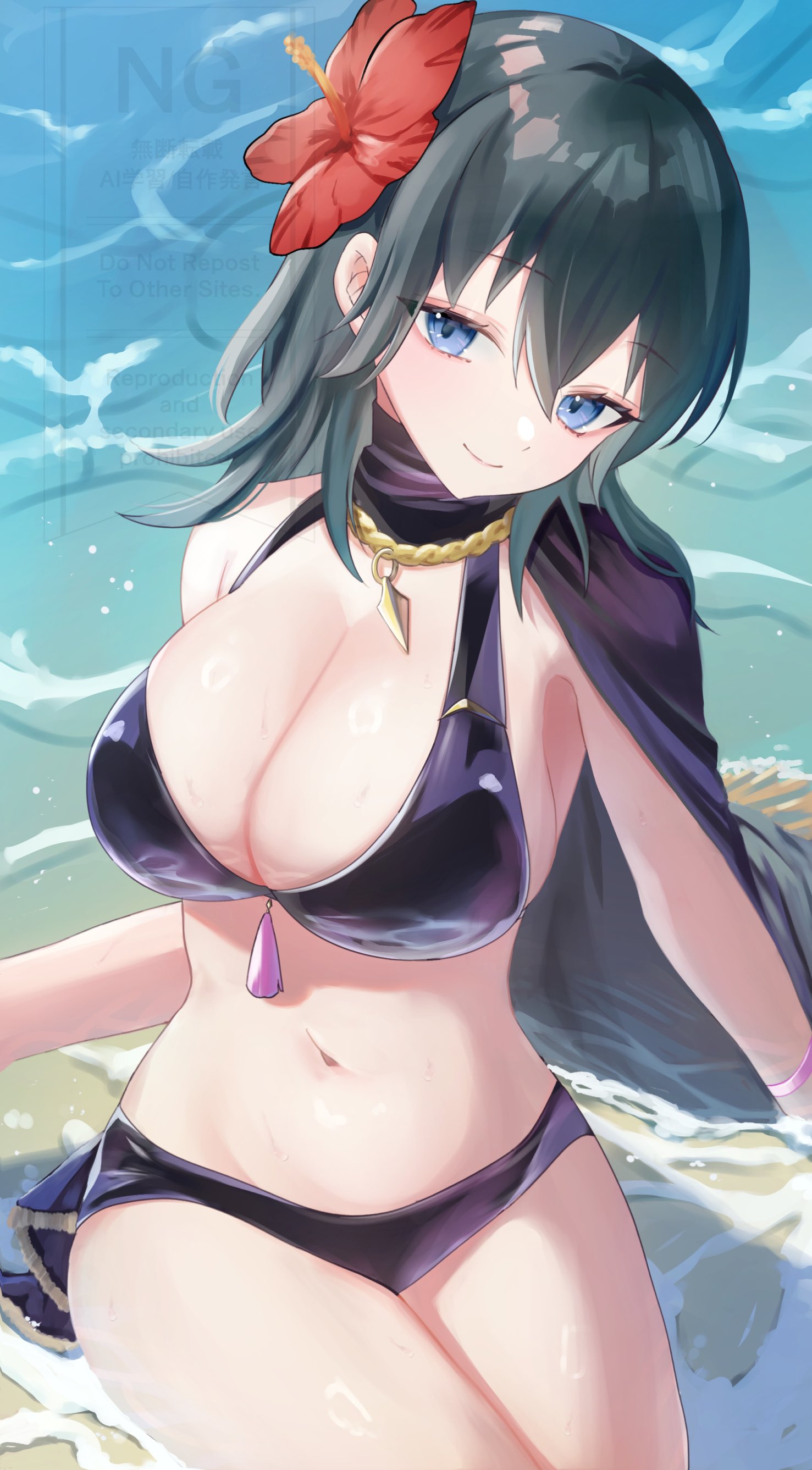 1girl absurd_res alluring beach big_breasts bikini black_bikini black_cape blush byleth_(fire_emblem) byleth_(fire_emblem)_(female) byleth_(summer)_(fire_emblem)_(female) cape cleavage closed_mouth female_byleth_(fire_emblem) female_byleth_(summer)_(fire_emblem) fire_emblem fire_emblem:_three_houses fire_emblem_heroes flower hair_between_eyes hair_flower hair_ornament hibiscus high_res intelligent_systems long_hair looking_at_viewer navel nintendo ocean official_alternate_costume outside red_flower shinanagi sideboob sitting smile stomach swimsuit teal_eyes teal_hair thighs water