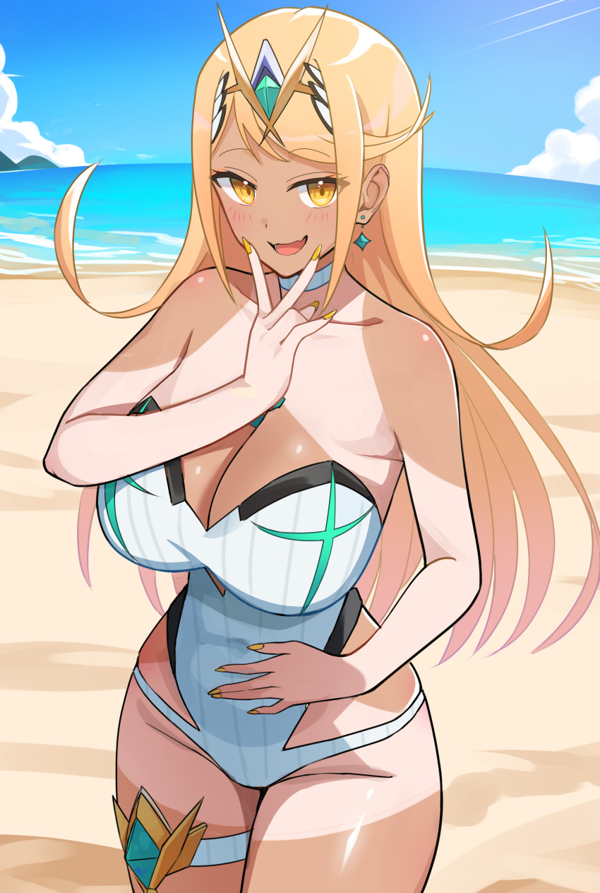 1girl absurd_res alluring beach big_breasts blonde_hair chest_jewel core_crystal_(xenoblade) cowboy_shot earrings high_res jewelry long_hair mythra_(xenoblade) nintendo ocean one-piece_bikini oruru63100814 parted_lips sand smile strapless strapless_one-piece_bikini swimsuit tan tan_line thigh_strap tiara water white_one-piece_bikini xenoblade_(series) xenoblade_chronicles_2