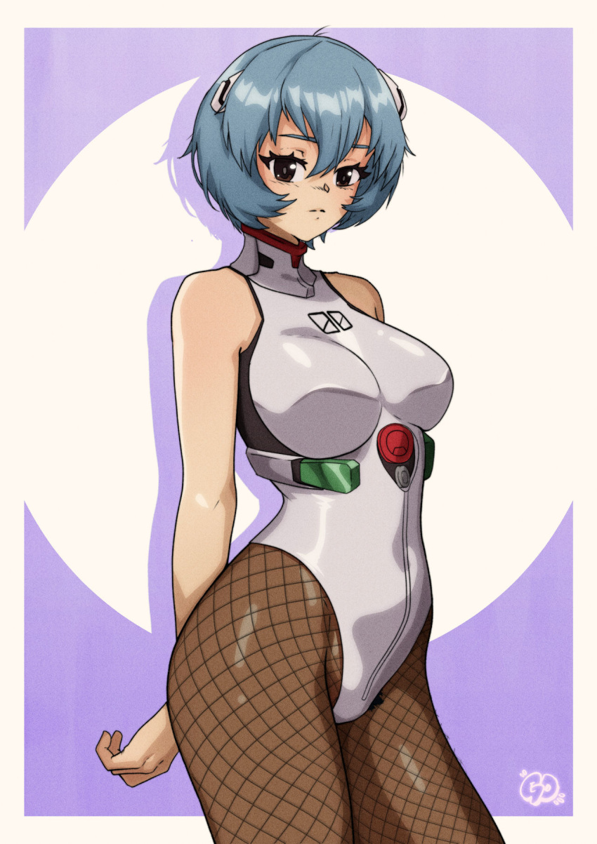 1girl adapted_costume alternate_costume big_breasts blush border breasts brown_eyes female_only female_solo gravydood grey_hair leotard looking_at_viewer neon_genesis_evangelion outside_border plugsuit rei_ayanami short_hair skin_tight standing tagme white_border white_leotard