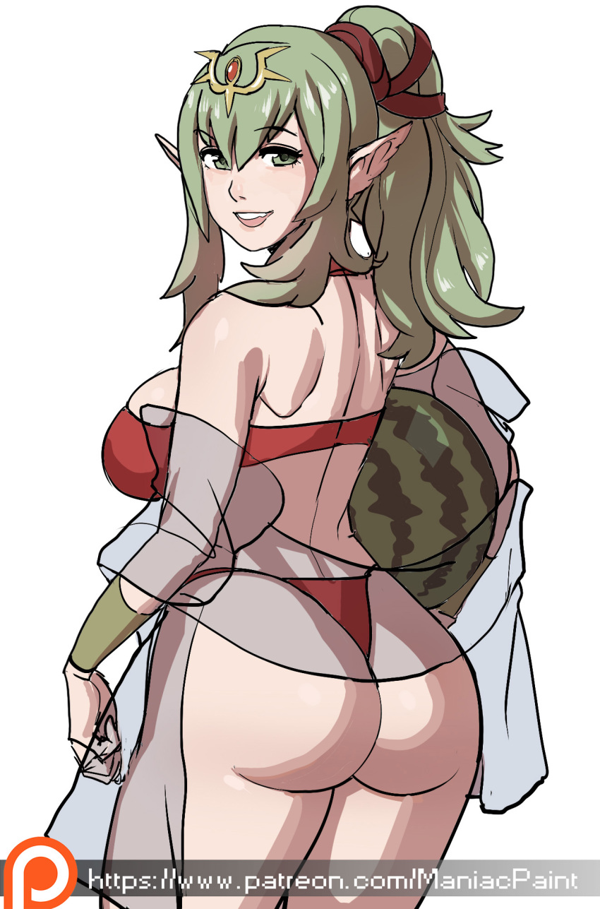 1girl aged_up alluring ass back bare_arms bare_shoulders big_breasts bikini curvy female_focus fire_emblem fire_emblem_awakening fire_emblem_warriors food forehead_jewel fruit green_eyes green_hair hair_ribbon high_res hip_focus holding huge_ass intelligent_systems long_hair looking_back maniacpaint nintendo pointy_ears ponytail red_bikini ribbon see-through_clothes shawl sideboob simple_background smile standing swimsuit thick_thighs thighs thong_bikini tiki_(adult)_(fire_emblem) tiki_(adult)_(summering_scion)_(fire_emblem) tiki_(fire_emblem) watermark watermelon web_address white_background wide_hips wristband
