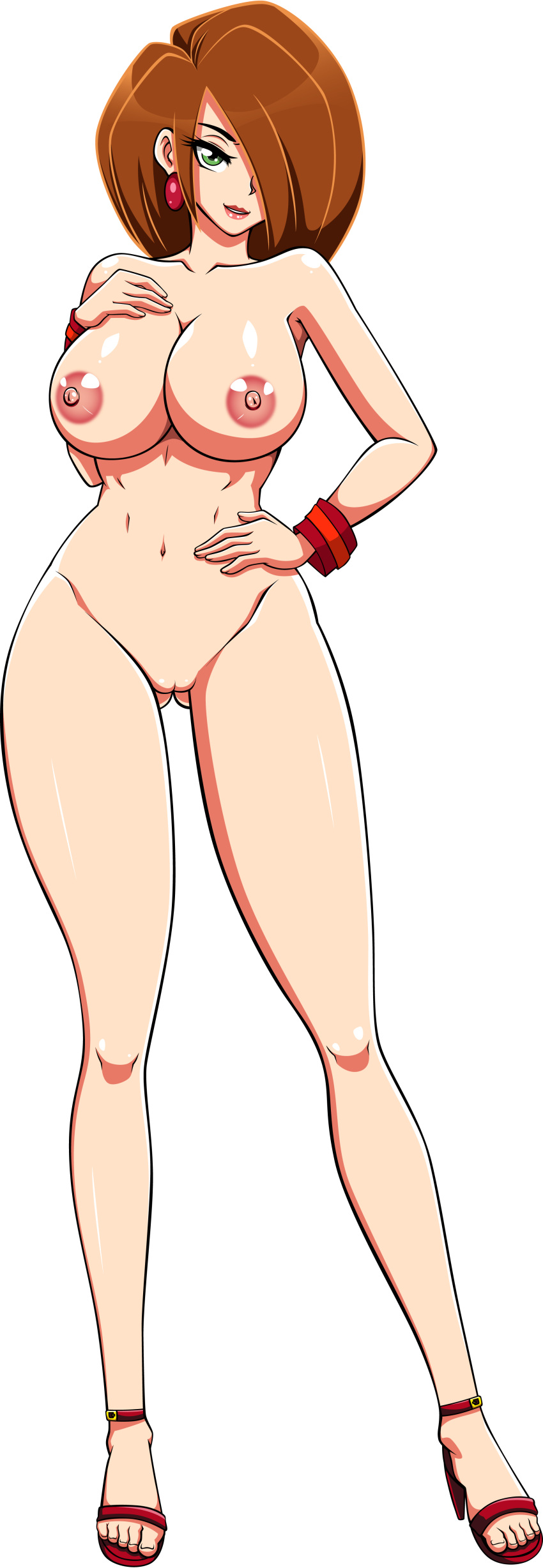 1girl ale-mangekyo ale-mangekyo_(artist) alternate_breast_size big_breasts bracelet breasts brown_hair cleavage collarbone disney earrings eyes_visible_through_hair female_only female_solo footwear full_body green_eyes grin hair_over_one_eye half-closed_eyes hand_on_chest hand_on_hip hand_up head_tilt heroine high_heels huge_breasts jewelry kim_possible kimberly_ann_possible legs lips lipstick long_hair looking_at_viewer makeup mound_of_venus naked_footwear naked_heels naked_high_heels naughty_face navel neck nipples nude nude_female parted_lips pink_lipstick pussy red_bracelet red_earrings red_footwear red_high_heels shaved_pussy smile standing straight_hair teenage_girl thighs transparent_background uncensored