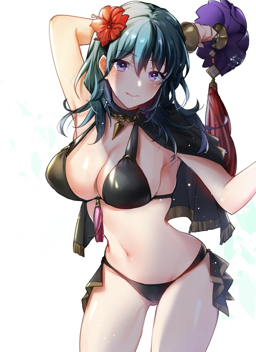 1girl alluring alternate_costume arm_behind_head arm_up ass_visible_through_thighs bangs bare_shoulders big_breasts bikini black_bikini black_swimsuit blue_eyes blush breasts byleth_(fire_emblem) byleth_(fire_emblem)_(female) byleth_(summer)_(fire_emblem)_(female) cape capelet cleavage collarbone dagger fire_emblem fire_emblem:_three_houses fire_emblem_heroes flower flower_in_hair hair_flower hair_ornament hibiscus high_res intelligent_systems light_skin lipstick looking_at_viewer medium_hair navel nekolook nintendo purple_hair red_flower simple_background smile swimsuit teal_hair thighs weapon wet white_background white_skin