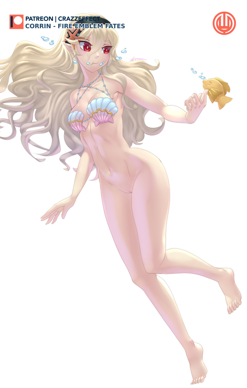 1girl alluring alternate_costume bare_legs barefoot big_breasts blonde_hair bottomless corrin_(fire_emblem) corrin_(fire_emblem)_(female) corrin_(summer)_(fire_emblem)_(female) crazzeffect female female_only fire_emblem fire_emblem_cipher fire_emblem_fates fire_emblem_warriors fish hairband legs long_hair naked_from_the_waist_down nintendo official_alternate_costume pointy_ears pussy shell_bikini sideboob solo swimming underwater