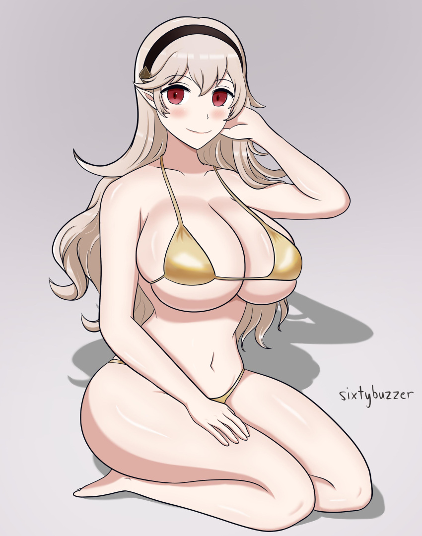 1girl alluring alternate_costume big_breasts bikini cleavage corrin_(fire_emblem) corrin_(fire_emblem)_(female) female_only fire_emblem fire_emblem_fates fire_emblem_warriors gold_bikini gold_swimsuit grey_hair intelligent_systems kneel long_hair looking_at_viewer nintendo red_eyes sideboob sixtybuzzer skindentation smile swimsuit under_boob yellow_bikini yellow_swimsuit