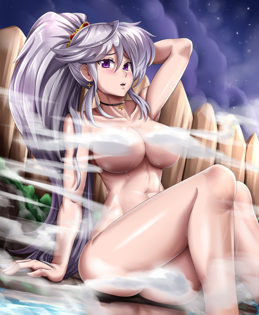 1girl alluring arm_up athletic_female big_breasts censored censored_nipples convenient_censoring female_abs fire_emblem fire_emblem:_genealogy_of_the_holy_war fire_emblem_heroes fit_female high_res hocen intelligent_systems ishtar_(fire_emblem) jewelry necklace nintendo nude onsen purple_hair shiny_skin side_ponytail sitting steam steam_censor vilde_loh_hocen wet