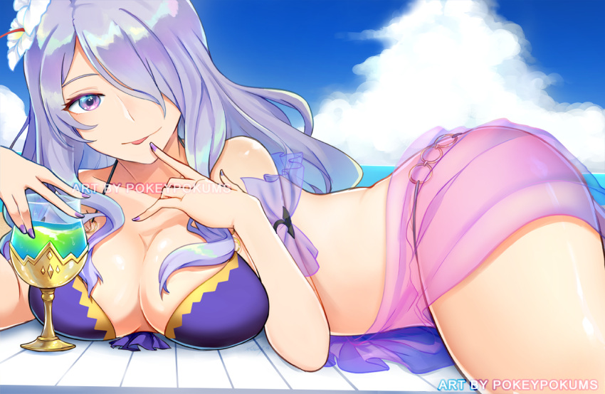 1girl alluring artist_name asymmetrical_bangs bare_shoulders big_breasts bikini camilla_(fire_emblem) camilla_(tropical_beauty)_(fire_emblem) cleavage cloud cloudy_sky cup day drinking_glass female_focus fire_emblem fire_emblem_fates fire_emblem_heroes fire_emblem_warriors flower hair_flower hair_ornament hair_over_one_eye hand_to_own_mouth intelligent_systems light_purple_hair long_hair lying nail_polish nintendo o-ring o-ring_bikini o-ring_bottom ocean on_stomach parted_bangs pokeypokums purple_eyes purple_nails sash see-through_clothes sky swimsuit tongue tongue_out