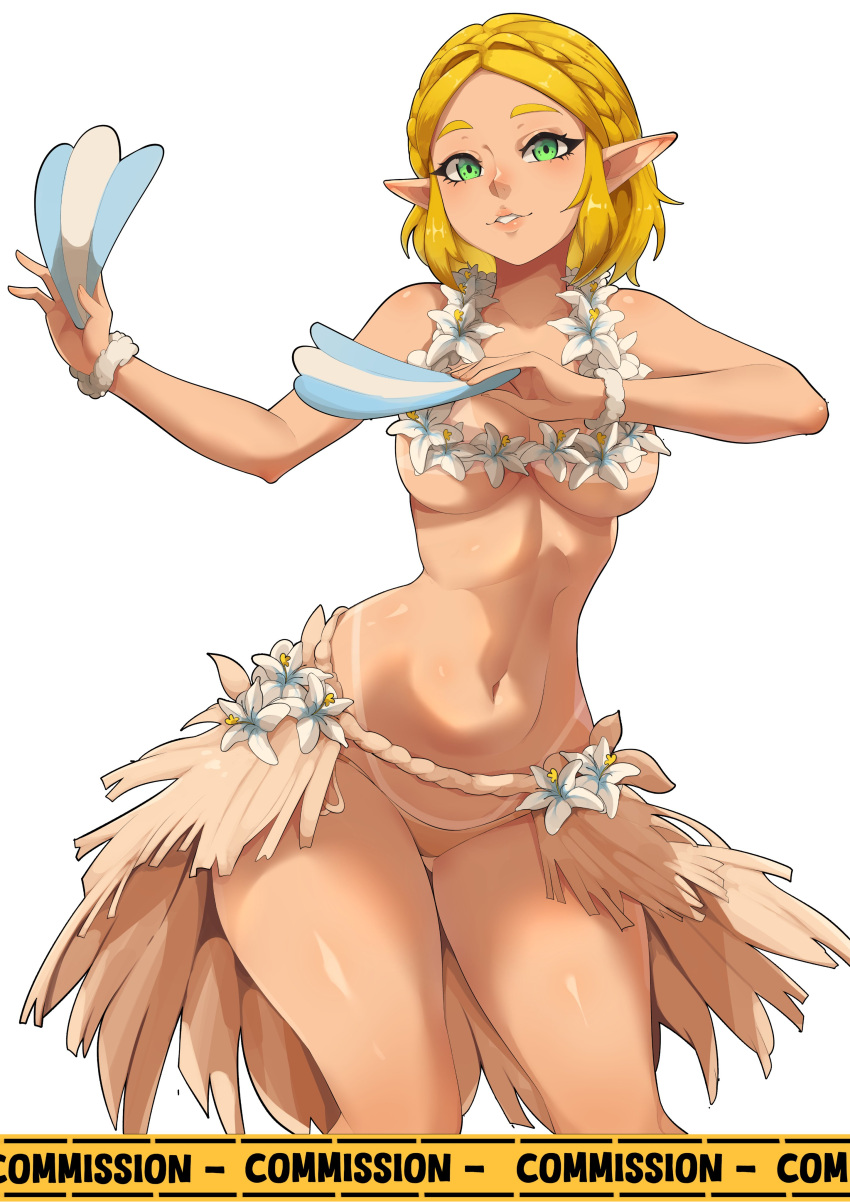 1girl alluring ass big_breasts blue_eyes covered_nipples curvaceous curvaceous_female curvaceous_figure curvy curvy_figure curvy_hips elf_ears female_focus female_only misterlmaoo princess_zelda short_hair the_legend_of_zelda tubetop yellow_hair