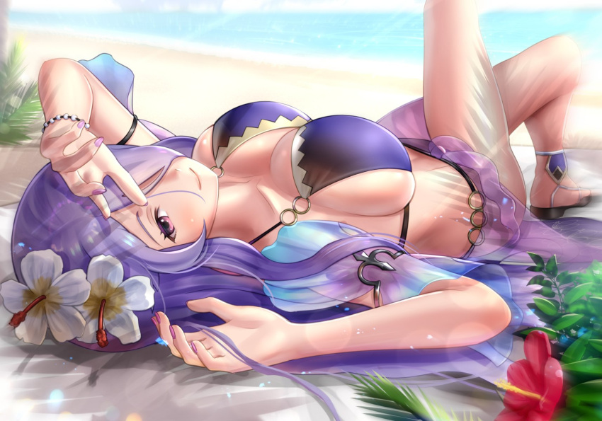1girl alluring beach big_breasts bikini camilla_(fire_emblem) camilla_(tropical_beauty)_(fire_emblem) cleavage day female_focus fire_emblem fire_emblem_fates fire_emblem_heroes fire_emblem_warriors gonzarez hair_over_one_eye high_heel_sandals high_res intelligent_systems lips long_hair looking_at_viewer nail_polish nintendo purple_bikini purple_eyes purple_hair sandals sideboob simple_background swimsuit very_long_hair wavy_hair