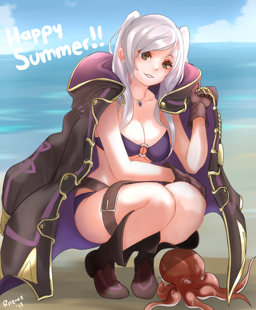 1girl alluring big_breasts bikini blue_sky cape cloud female_focus fire_emblem fire_emblem_awakening fire_emblem_heroes fire_emblem_warriors grey_eyes high_res hood intelligent_systems long_hair looking_at_viewer nintendo octopus ritence robin_(fire_emblem) robin_(fire_emblem)_(female) robin_(summer)_(fire_emblem)_(female) sky smile swimsuit twin_tails white_hair