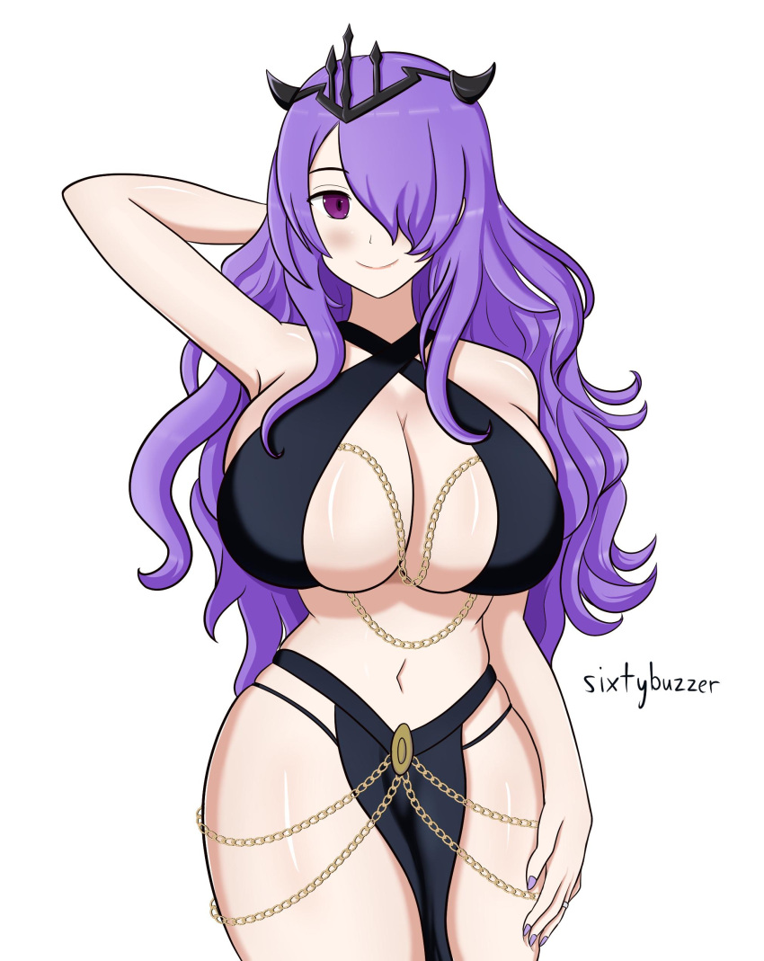 1girl alluring big_breasts camilla_(fire_emblem) female_only fire_emblem fire_emblem_fates fire_emblem_warriors intelligent_systems lavender_hair nintendo purple_eyes sixtybuzzer yomorio_lingerie