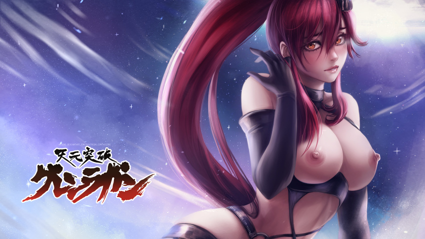 1girl alternate_costume arm_at_side axsens bare_shoulders big_breasts black_clothing black_gloves breast_grab breasts_out breasts_out_of_clothes breasts_outside cleavage elbow_gloves embarrassed female_only female_solo gloves grin hair_between_eyes hand_up high_ponytail lips lipstick long_hair looking_at_viewer makeup midriff neck night night_sky nipples orange_eyes outside parted_lips pink_lipstick ponytail red_hair revealing_clothes shy sidelocks sky smile star star_(sky) starry_sky straight_hair tengen_toppa_gurren-lagann tied_hair very_long_hair yoko_littner