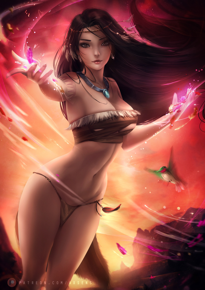 1girl alternate_costume arm_up axsens bangs bare_arms bare_legs bare_shoulders big_breasts bird black_hair breasts brown_eyes cleavage closed_mouth collarbone dark-skinned_female dark_skin disney disney_princess earrings female_only female_solo flit_(pocahontas) floating_hair hand_up hummingbird jewelry legs legs_together lips lipstick long_hair looking_at_viewer makeup medium_breasts midriff native_american naughty_face navel neck necklace outstretched_arm parted_bangs pocahontas pocahontas_(character) smile solo_focus standing straight_hair strapless thighs very_long_hair