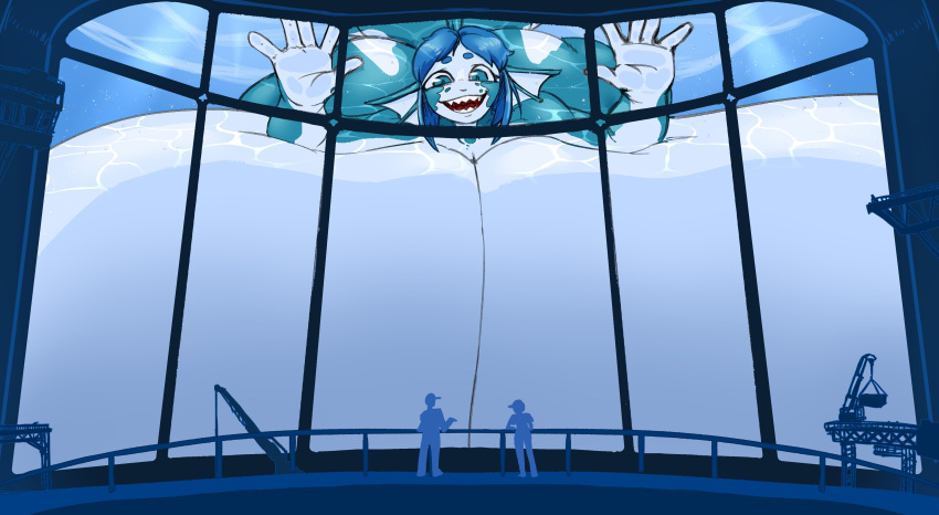 1girl anthro aquarium ass beepunz big_breasts breasts breasts_bigger_than_head breasts_bigger_than_torso breasts_out breasts_squeezed_together completely_nude female female_focus female_only gummy_(beepunz) hand_on_glass high_res huge_breasts human hyper hyper_breasts looking_down macro massive_breasts nude nude_female open_mouth original room_filling shark sharp_teeth size_difference tagme teeth underwater water
