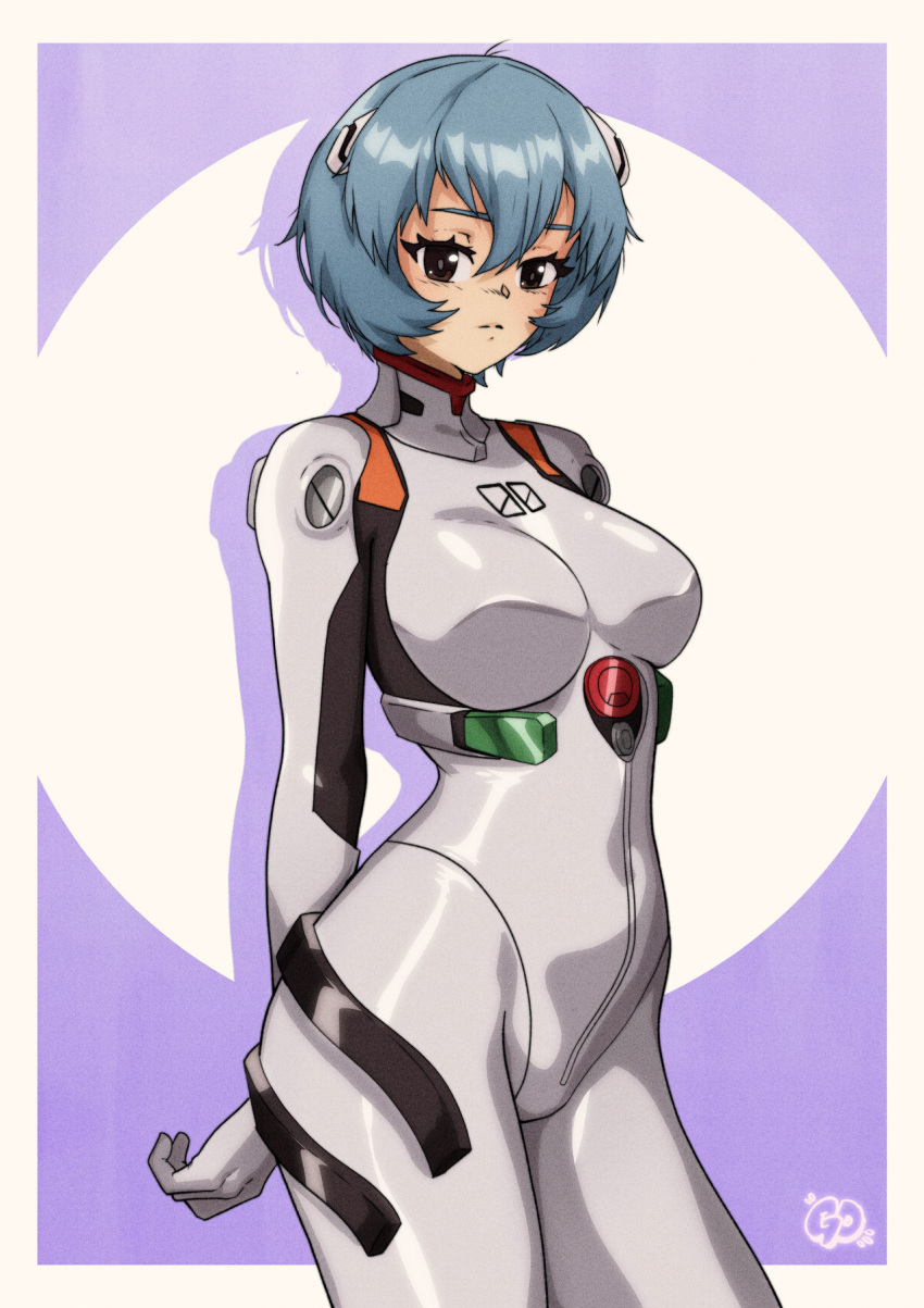 1girl arm_behind_back big_breasts blush bodysuit border breasts brown_eyes closed_mouth expressionless female_only female_solo gravydood grey_hair hair_between_eyes hair_ornament hair_pods hairpods looking_at_viewer neon_genesis_evangelion outside_border plugsuit rei_ayanami short_hair skin_tight standing white_bodysuit white_border