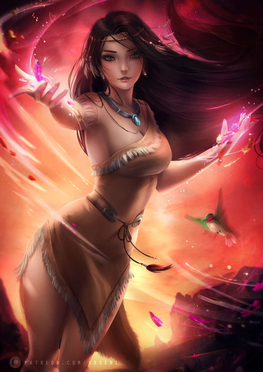 1girl arm_up axsens bangs bare_arms bare_legs bare_shoulders big_breasts bird black_hair breasts brown_eyes cleavage collarbone dark-skinned_female dark_skin disney disney_princess dress earrings female_only female_solo flit_(pocahontas) floating_hair grin hand_up hummingbird jewelry legs legs_together lips lipstick long_hair looking_at_viewer makeup medium_breasts native_american naughty_face neck necklace outstretched_arm parted_bangs parted_lips pocahontas pocahontas_(character) side_slit single-shoulder_dress smile solo_focus standing straight_hair thighs very_long_hair yellow_dress