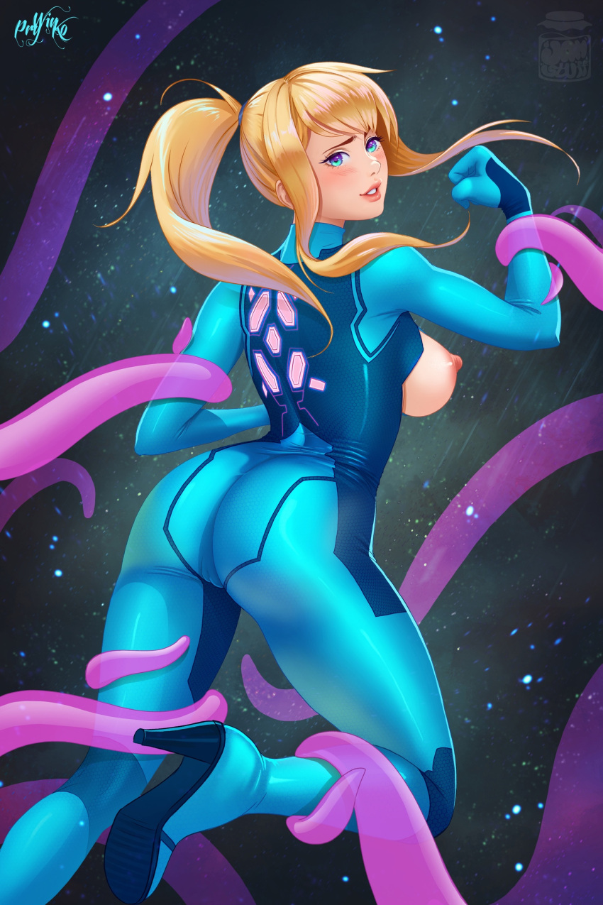 1girl artist_name ass big_ass big_breasts blonde_female blonde_hair blue_bodysuit blue_eyes blush bodysuit breasts breasts_out breasts_out_of_clothes breasts_outside cameltoe clenched_hand female_only female_solo floating_hair from_behind grin hand_up high_heel_bodysuit high_heels high_ponytail lips lipstick long_hair looking_at_viewer looking_back makeup medium_breasts metroid metroid_other_m metroid_zero_mission nintendo nipples outer_space outside parted_lips pink_lipstick ponytail prywinko restrained restrained_arms restrained_legs samus_aran sideboob sidelocks skin_tight smile space straight_hair tentacle tentacle_around_arm tentacle_around_leg tied_hair torn_bodysuit torn_clothes zero_suit zero_suit_samus